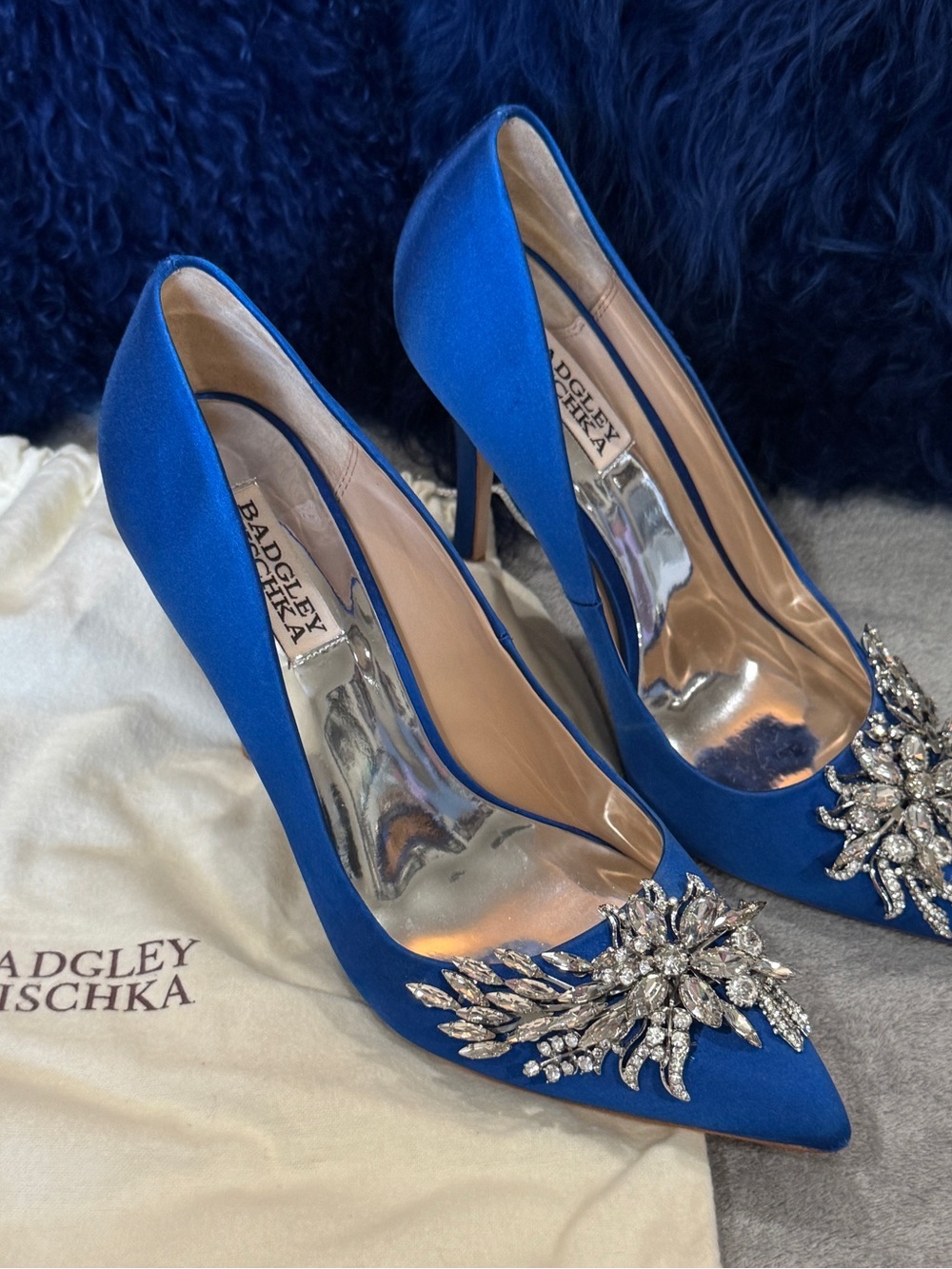 Badgley Mischka Sapphire Blue Satin Crystal-Embellished Pointed Pumps